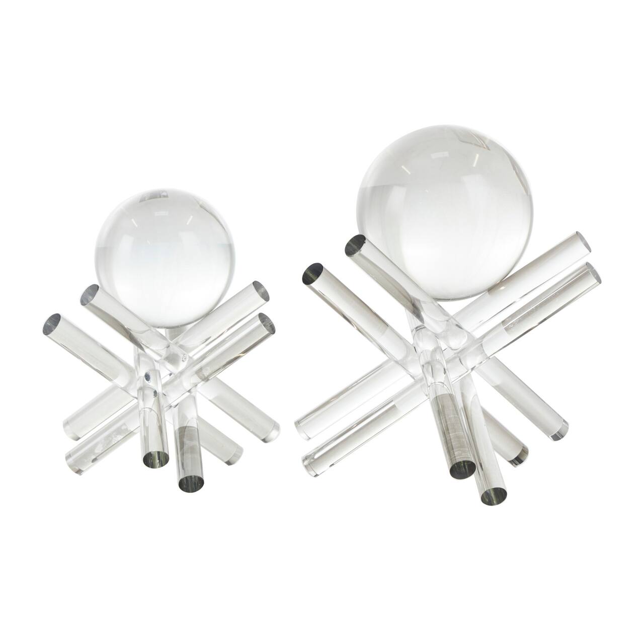 Clear Crystal Abstract Jack Inspired Sculpture with Resting Orbs Tabletop Décor Set